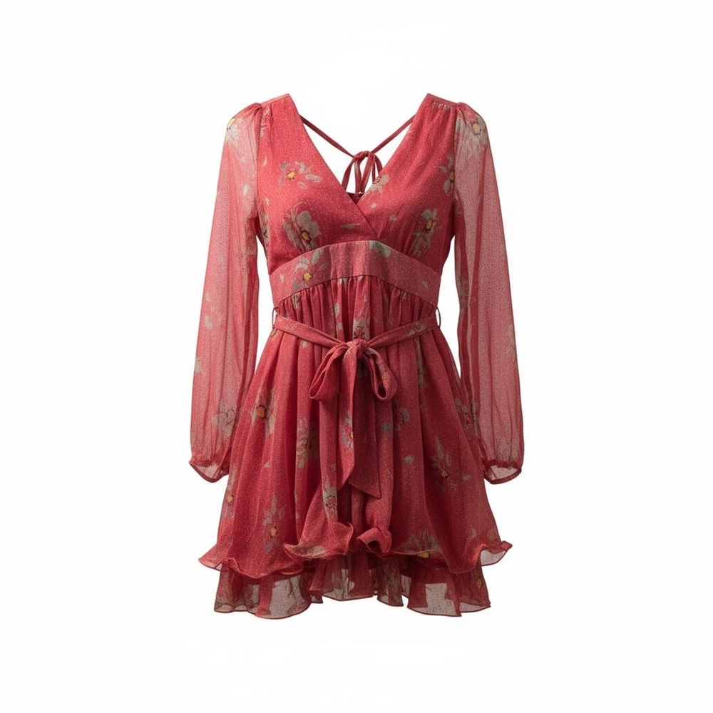 Elegant Pink Long Sleeve Dress with Floral Accents